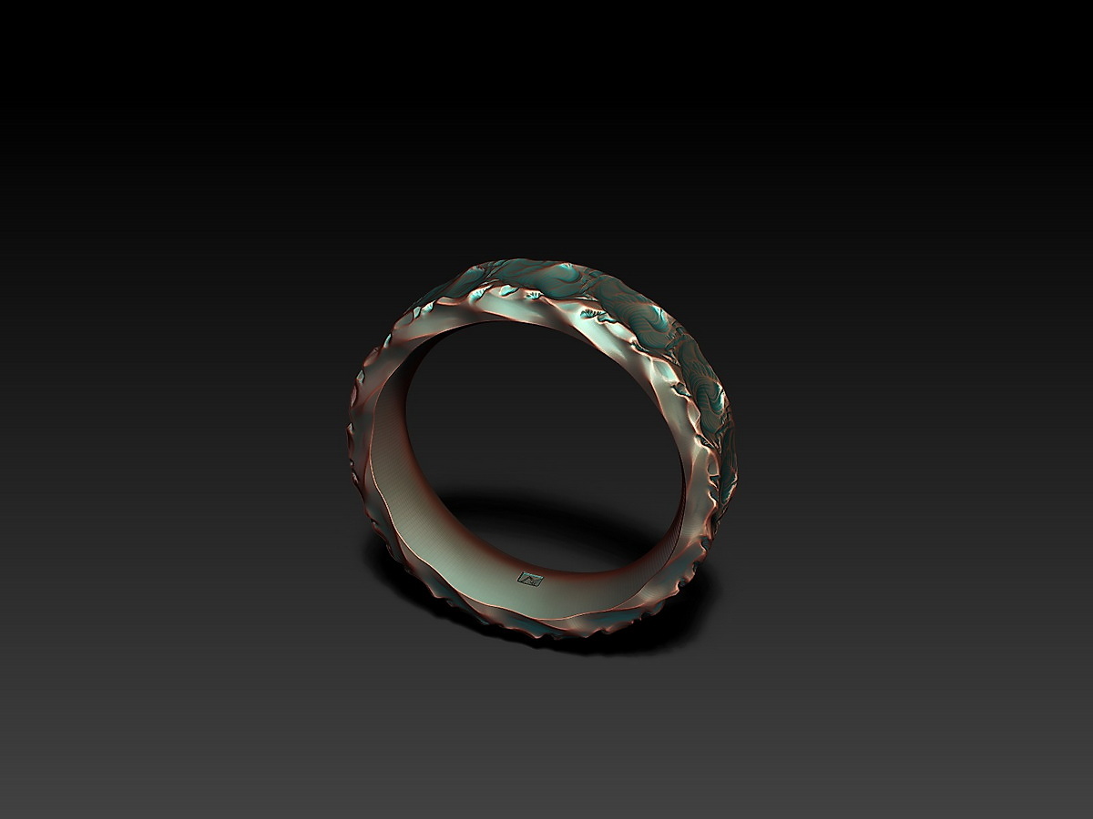angled view of Rock and Wave Ring showing the rough outer surface, smooth inner band, and MF maker's mark